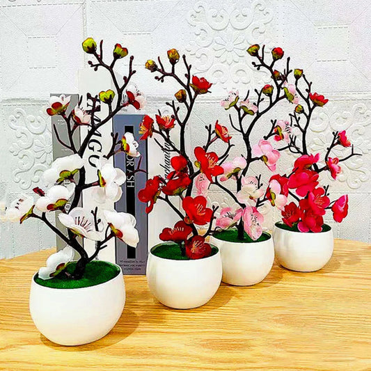 1pcs Bonsai Silk Flowers Plum Artificial Potted Plants Blossoms Simulation Winter Plum Branch Vases Wedding Home Room Decorate